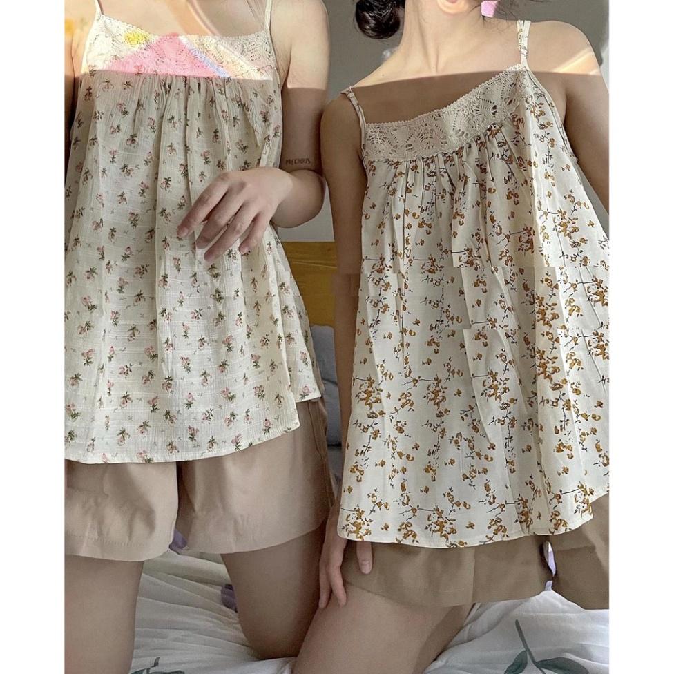 Set 2 Dây Ren Hoa Nhí Hồng MAYON Nữ Bộ quần đùi đũi áo babydoll thun vintage bánh bèo mặc ở nhà đi ngủ Ulzzang