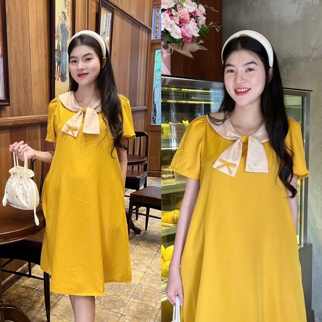 Đầm bầu cotton lạnh phối cổ thắt nơ phom suông gọn dáng, thanh lịch, dễ thương - Xanh đen