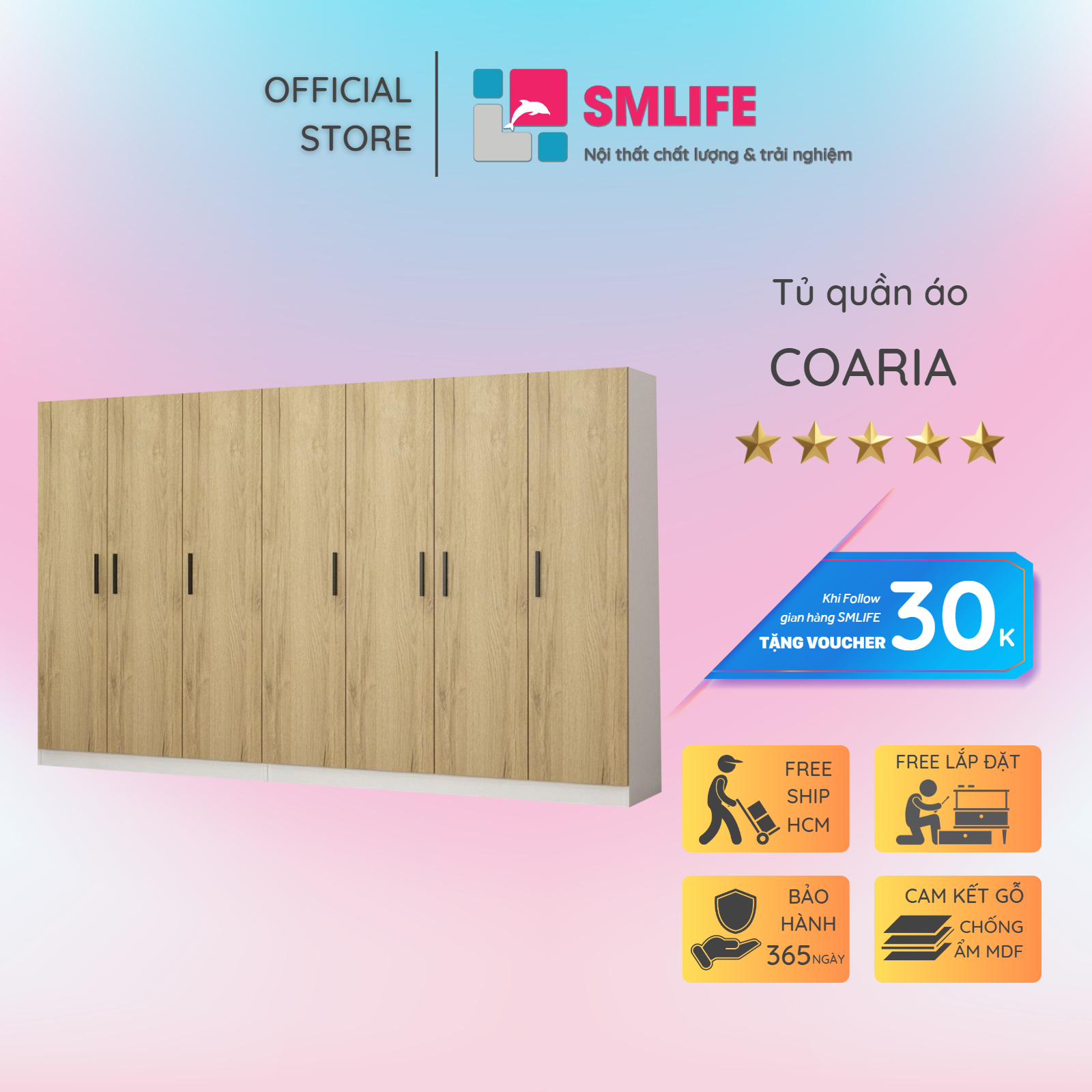 Tủ quần áo gỗ hiện đại SMLIFE Coaria  | Gỗ MDF dày 17mm chống ẩm | D315xR52xC190cm
