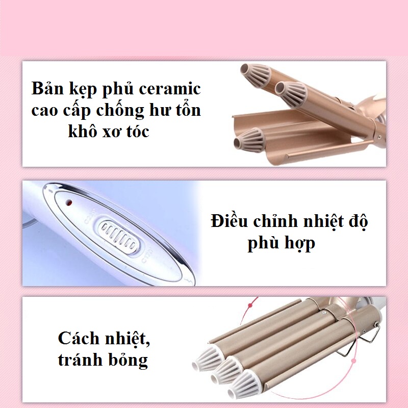 Máy uốn tóc chuyên nghiệp Kemei KM-1010 có mức điều chỉnh nhiệt độ dùng để uốn cong, uốn xoăn, uốn phồng chân tóc tiện lợi