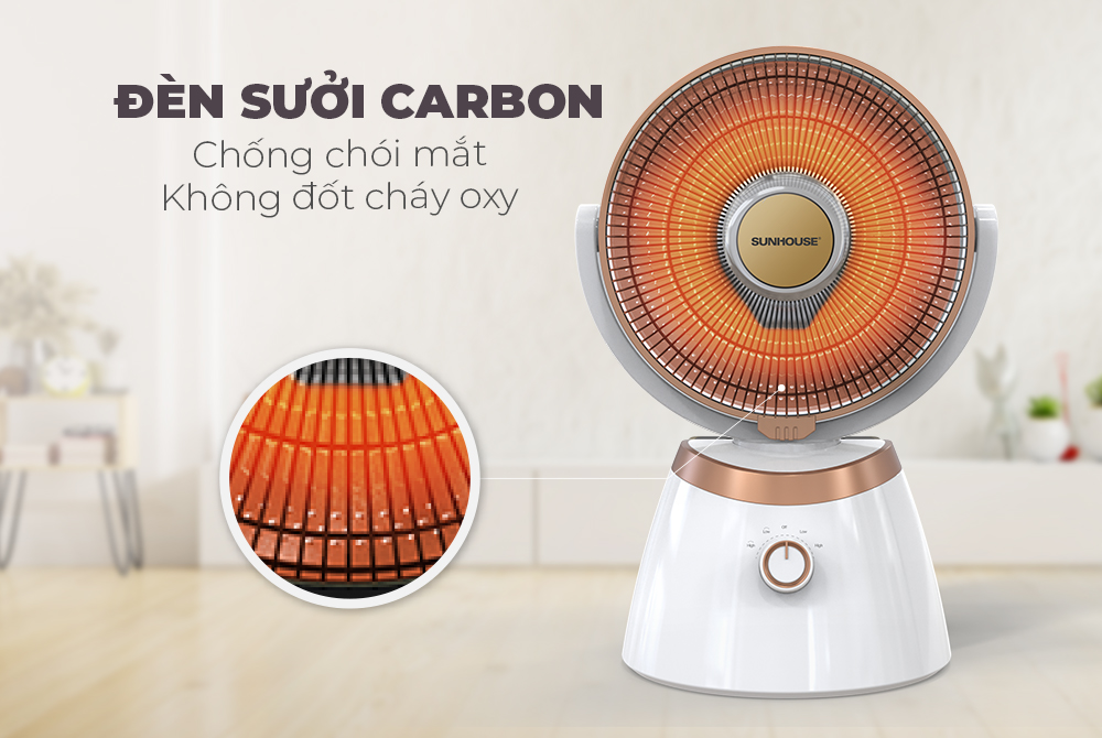 Quạt sưởi carbon Sunhouse SHD7008, Công suất 800W, Có 2 mức nhiệt, Quay 4 chiều tiện lợi, Tự ngắt khi quá nhiệt, nghiêng đổ, Hàng chính hãng - Bảo hành 12 tháng