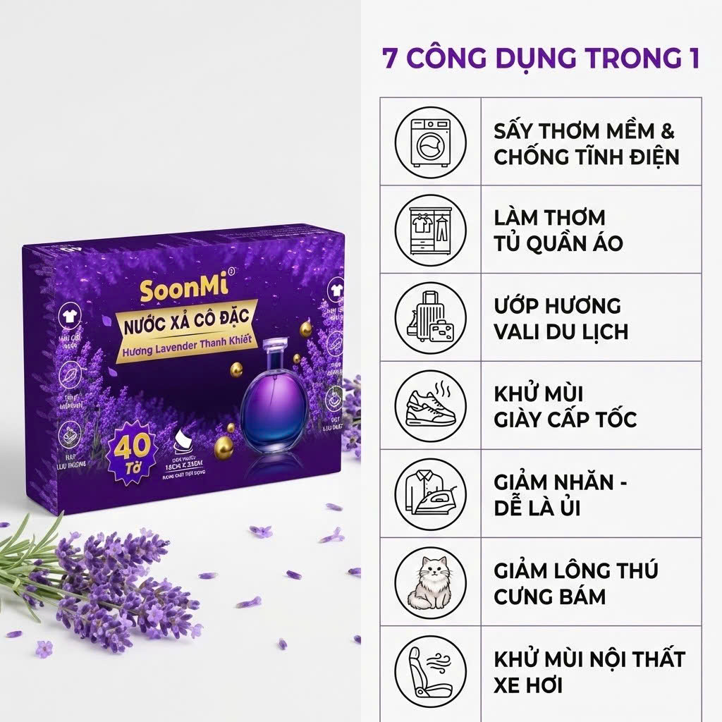 Nước xả cô đặc - Giấy Thơm Quần Áo SoonMi Hương Lavender - Nước Xả Cô Đặc Cho Máy Sấy (Hộp 40 Tờ) - hàng chính hãng
