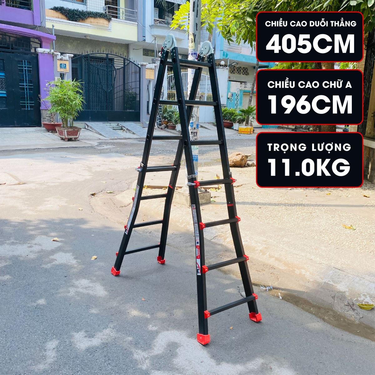 Thang nhôm gấp đa năng DIY MTL-44B chiều cao chứ A tối đa 1.96m, chiều cao chữ I 4.05m, tải trọng 150kg ( đai đỏ )