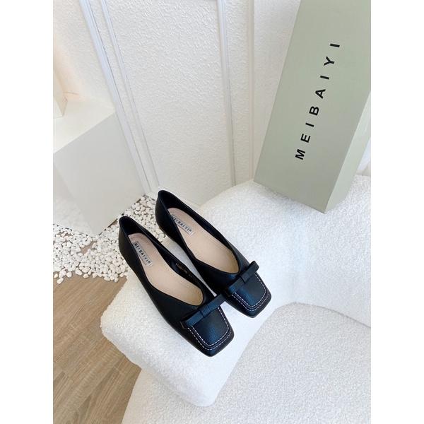 Giày Búp Bê Nữ Đế Bệt Mũi Vuông Đính Nơ Da Mềm Êm Chống Trơn. Sẵn Đen và Nâu cực xinh lên chân tiểu thư lắm ạ