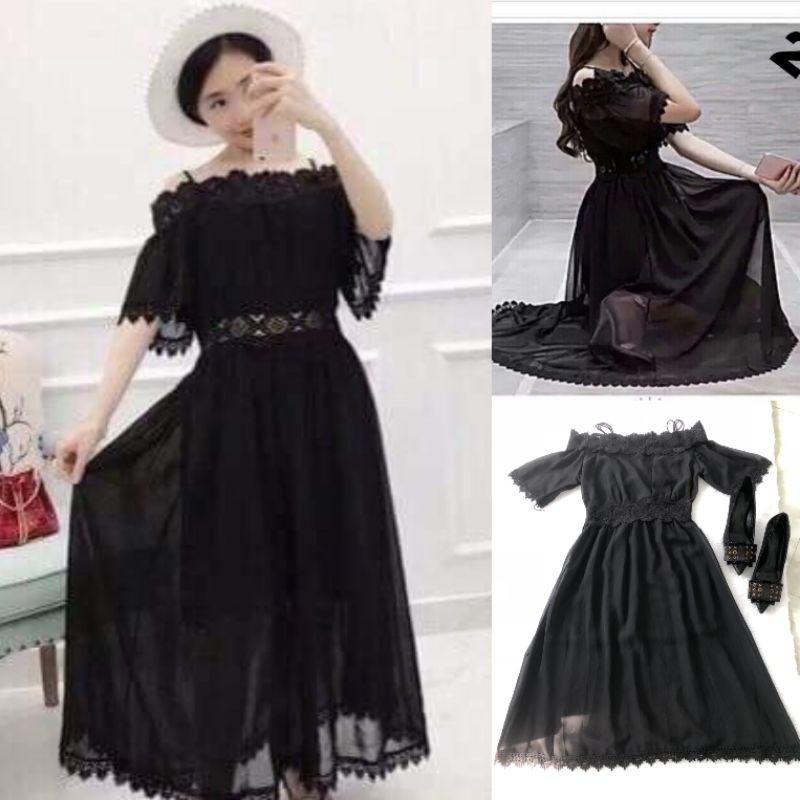 Đầm maxi xòe phối ren trễ vai 2 dây Cao Cấp