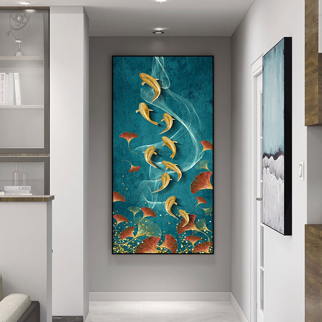 Tranh Canvas Treo Tường Hiện Đại - Tranh Chín Con Cá Chép Bên Hoa Sen