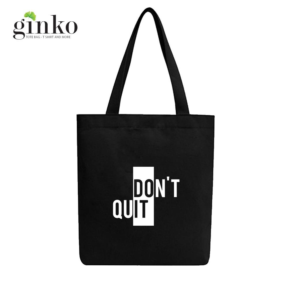 Túi Tote Vải Canvas Ginko kiểu basic có dây kéo khóa miệng túi( có túi con bên trong) đựng vừa laptop 14 inch và nhiều đồ dùng khác Phong Cách ulzzang Hàn Quốc In Hình Don't Quit B04