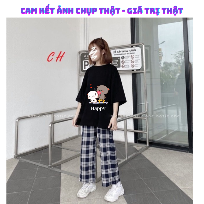 Sét Bộ Nữ SS11, Sét Đồ Nữ Đi Chơi Đẹp In Hình Mèo Sấy Tóc Dễ Thương,Sét Áo Vải Cotton,Quần Kẻ Màu Cá Tính