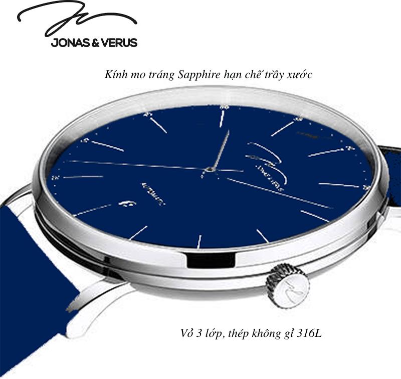 Đồng hồ đeo tay Nam hiệu JONAS & VERUS Y01545-A0.WWLLL, Máy Cơ (Automatic), Kính mo tráng sapphire hạn chế trầy xước, Dây da Italy