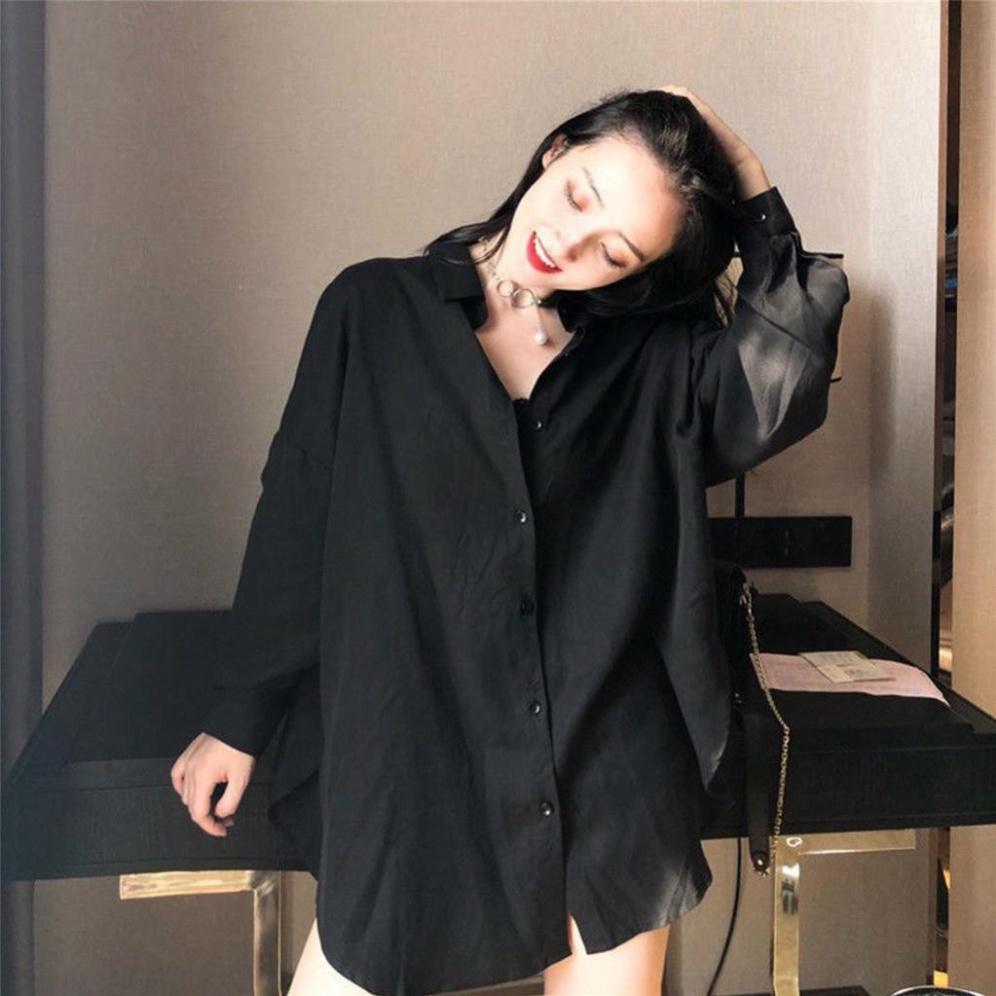 Áo sơ mi unisex nữ đen trắng dài tay Nhún form rộng , sơ mi nữ công sở dáng suông-CUN0550