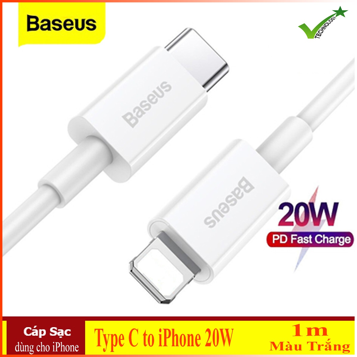 Cáp Sạc Nhanh Iphone Pd 20W Superior Series, Q.c 3.0, Truyền Dữ Liệu Nhanh 480Mbps - Hàng Chính Hãng Baseus - Trắng - 1M