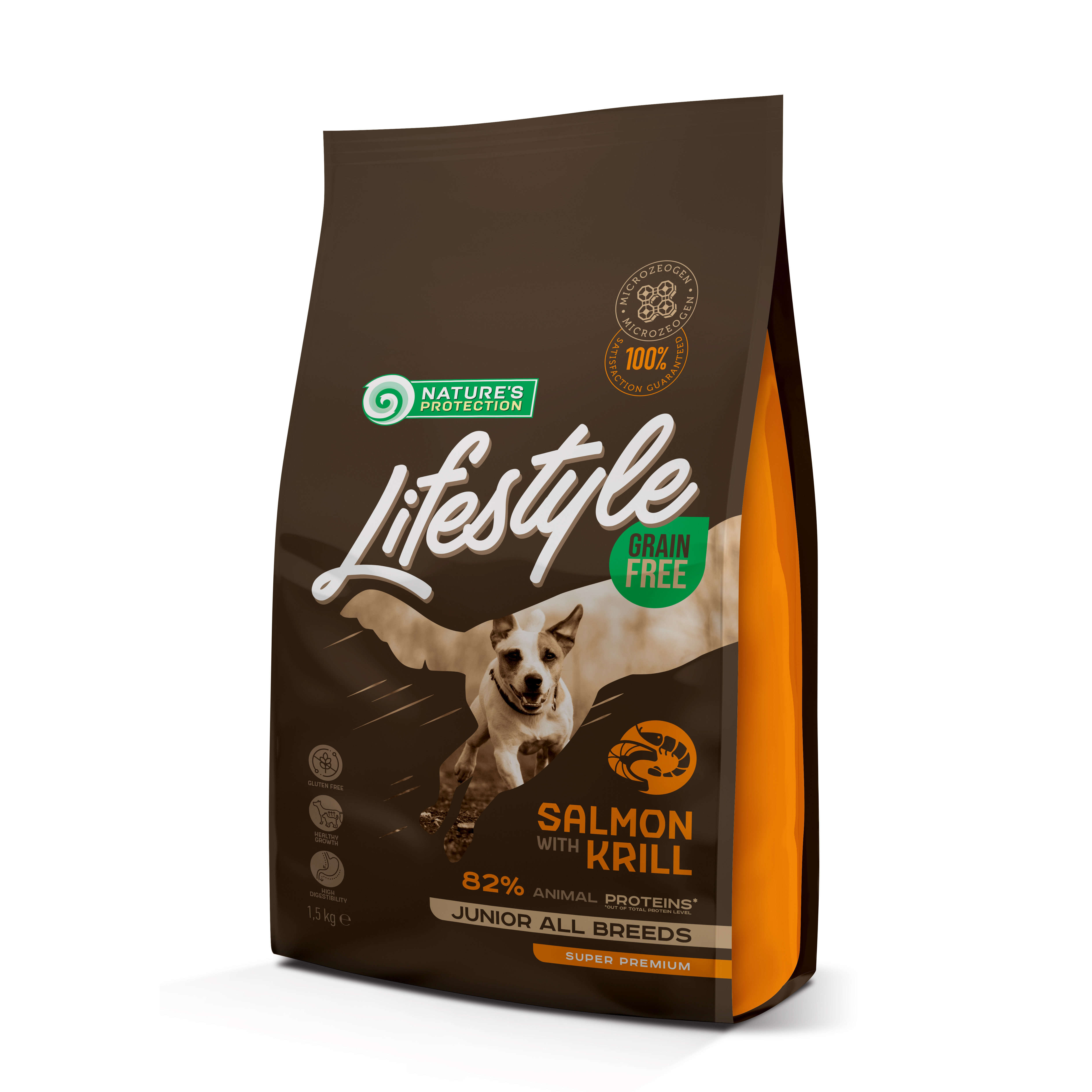 NATURE’S PROTECTION LIFESTYLE GRAIN FREE SALMON WITH KRILL JUNIOR Thức ăn không ngũ cốc giàu cá hồi và tôm Krill dành cho chó con thuộc tất cả các giống chó Từ 3 – 12 tháng tuổi