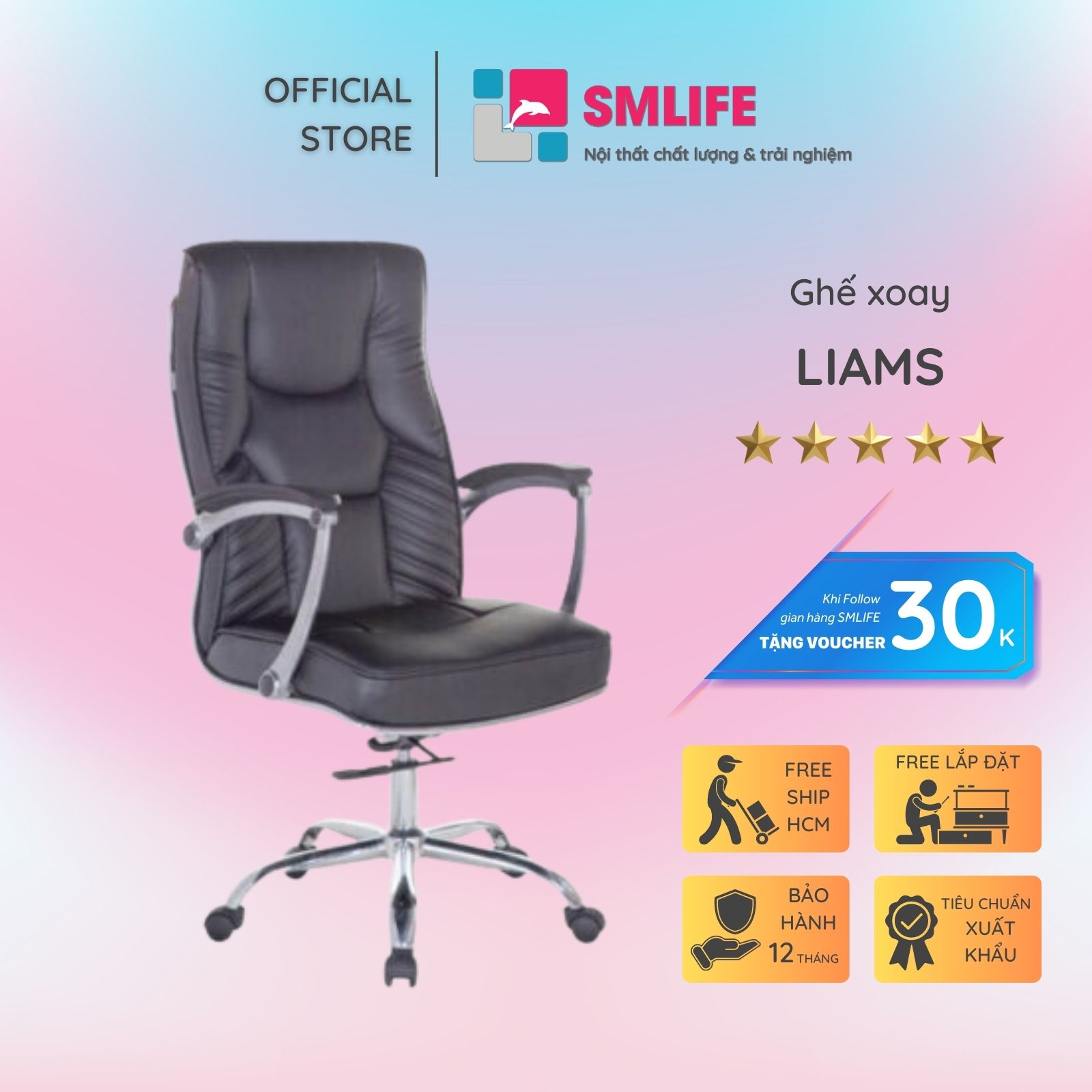 Ghế xoay văn phòng lưng cao bọc da SMLIFE Liams