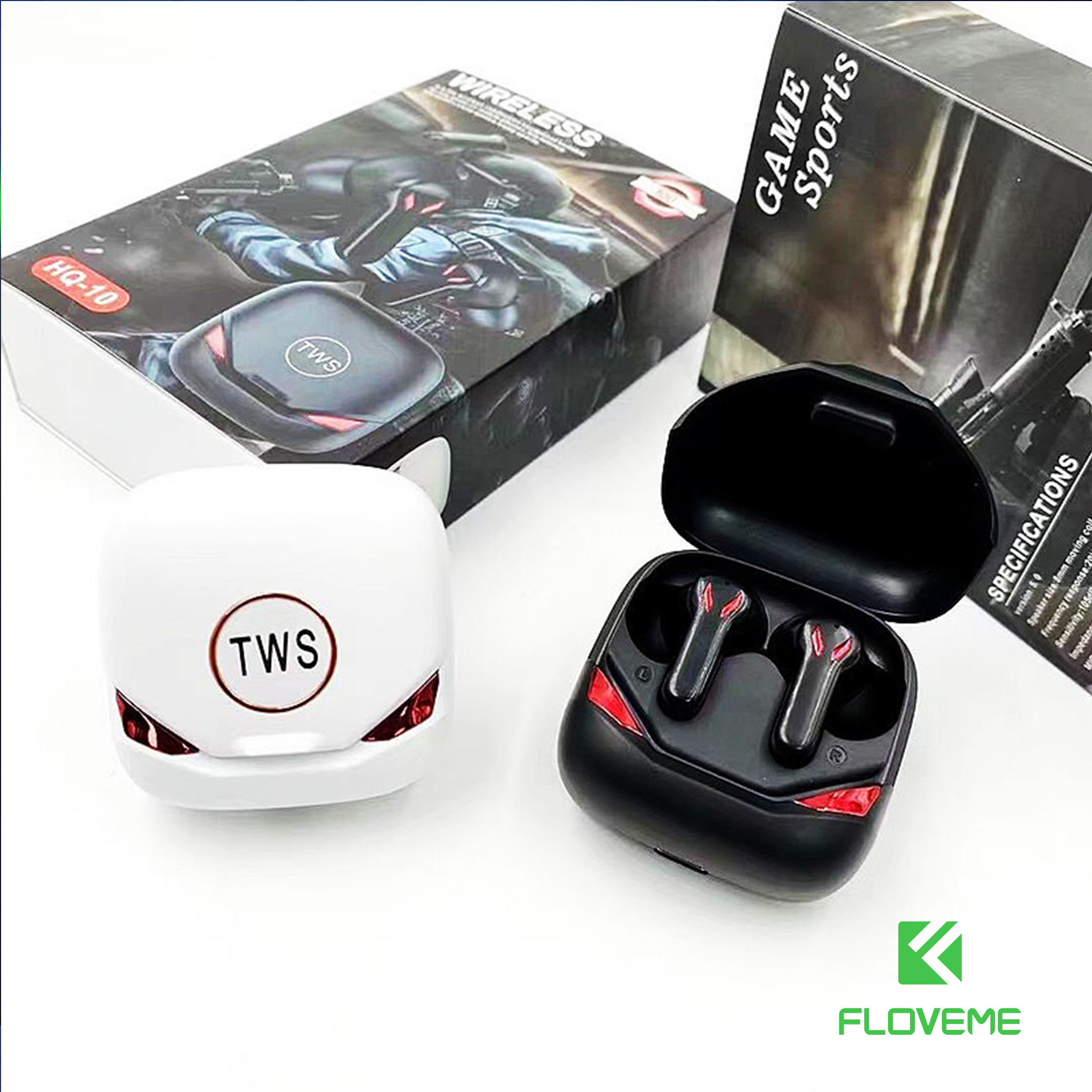 Tai nghe không dây Gaming Floveme HQ10 Bluetooth 5.0 TWS - tích hợp công nghệ Dual Micro thông minh - Đỗ trễ thấp - thiết kế nhỏ gọn - Hàng chính hãng