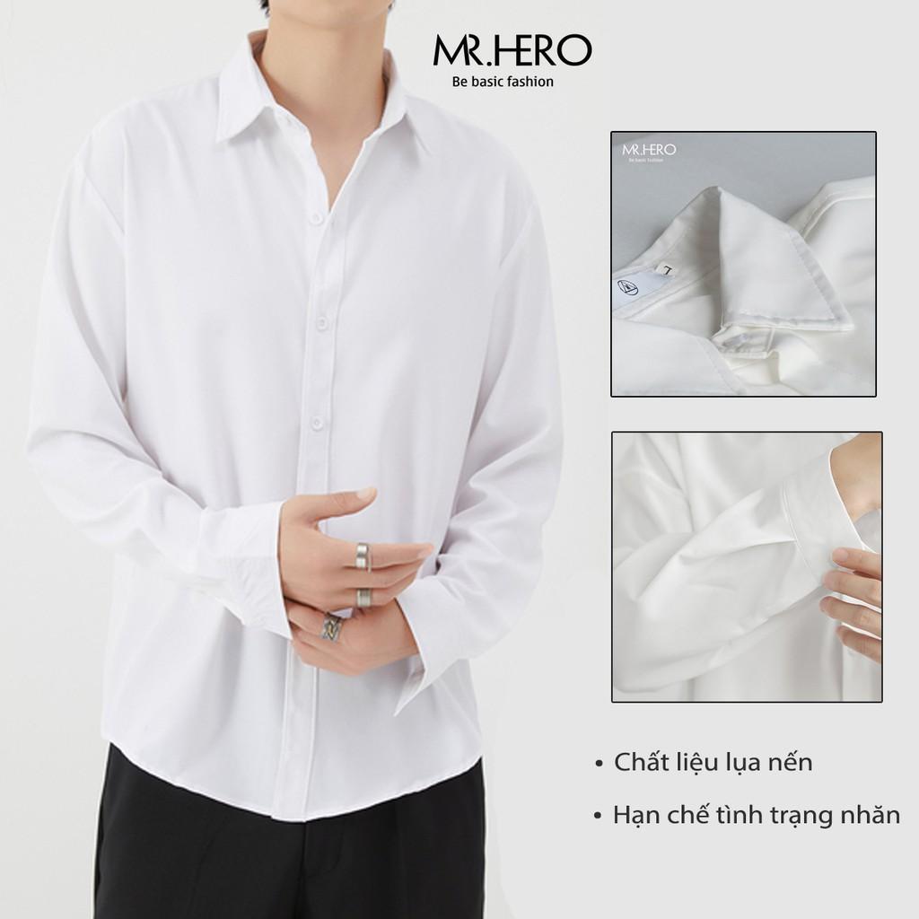 Áo Sơ Mi Unisex Trắng Trơn Dài Tay, Sơ Mi Dáng Rộng Phong Cách Hàn Quốc MR HERO SM06