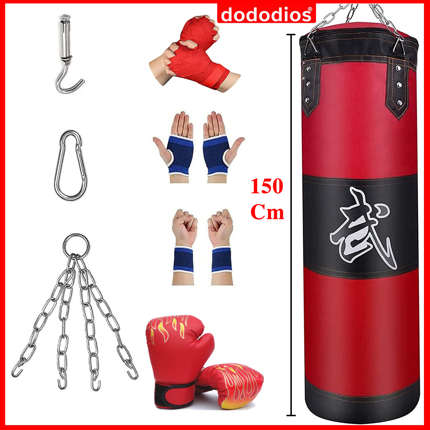 Bộ Vỏ Bao Đấm Bốc Treo Tường 3 Lớp Cao Cấp Chọn Size - Mua 1 Tặng 7 Phụ Kiện Tập Luyện Siêu Bền Tập Boxing, Tập Mma Dây Quấn Dài Chính Hãng Dododios - Dài 150Cm