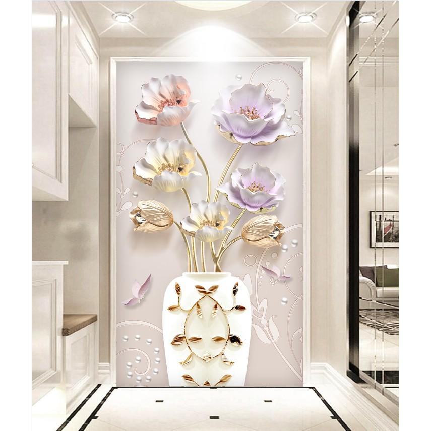 Tranh dán tường 3D bình hoa khổ dọc - vải lụa phủ kim sa