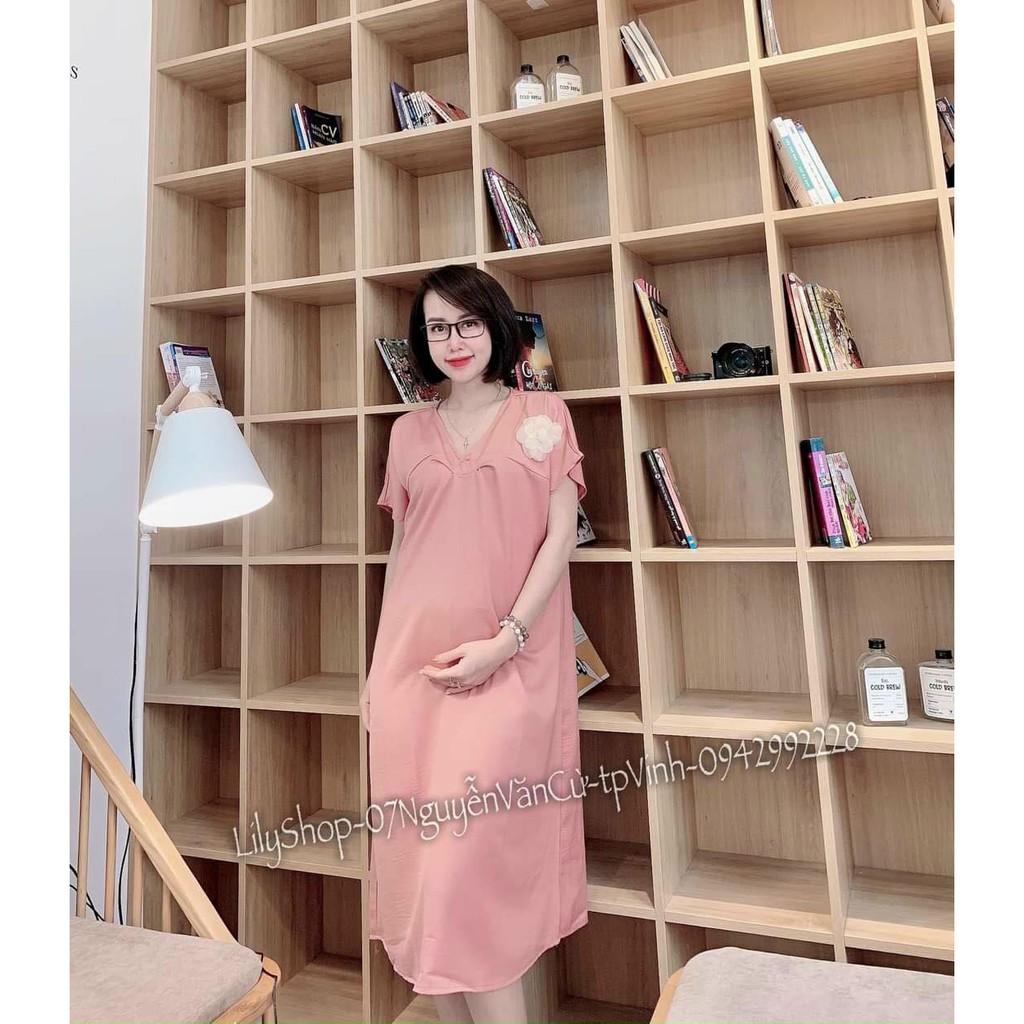 Váy bầu thời trang thiết kế MAMADRESS chất đũi lụa có HOA NGỰC mềm mại, nhẹ nhàng và mát V14