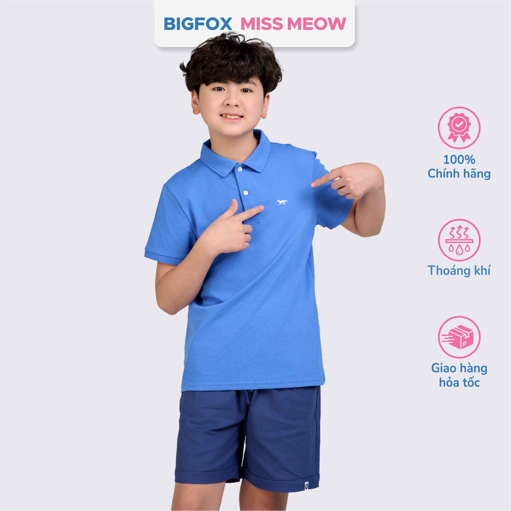 Áo polo bé trai Bigfox Miss Meow mùa hè chất cá sấu, áo có cổ đồng phục đi học size đại 7-15 tuổi 50kg
