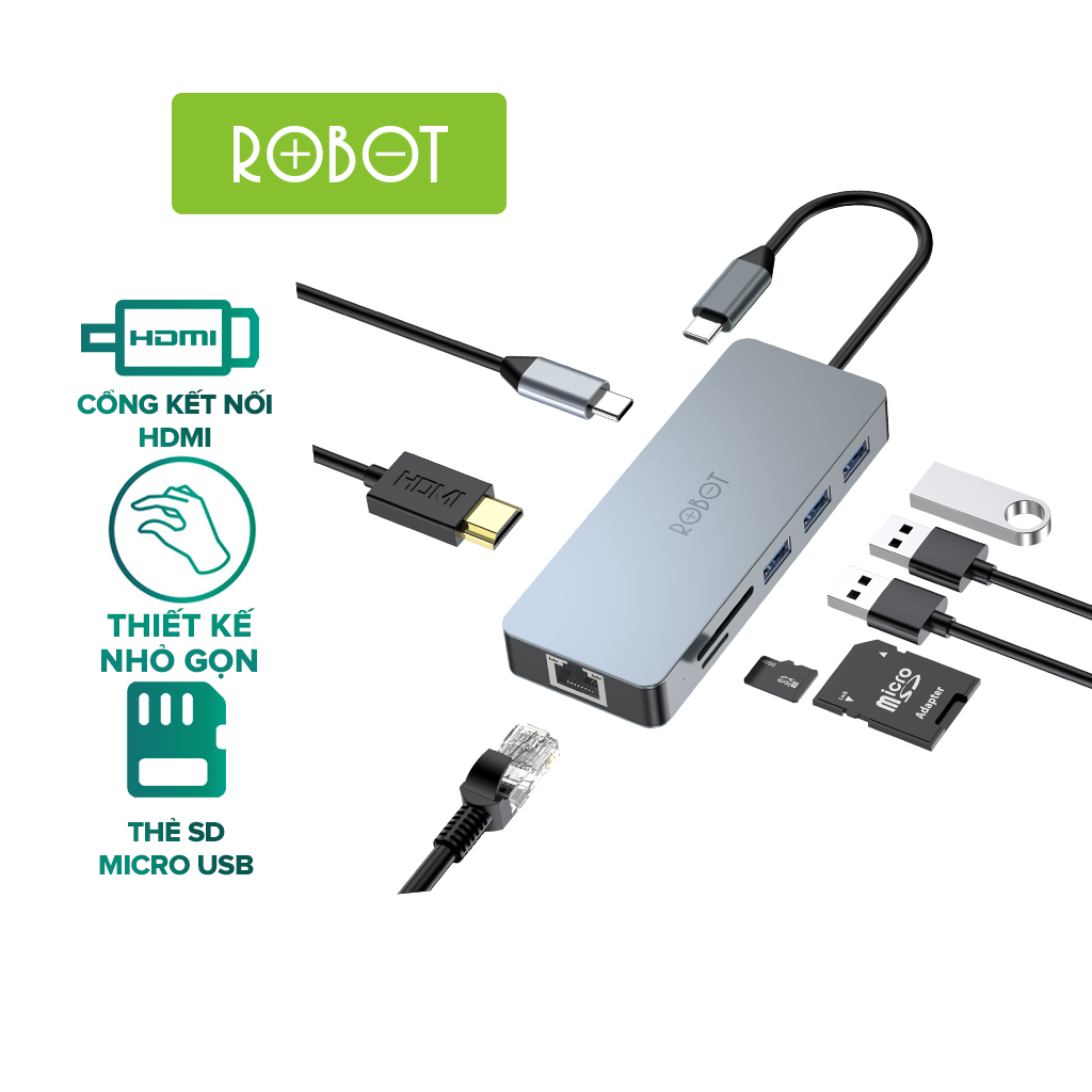 HUB USB-C Chuyển Đổi Đa Năng ROBOT HT380 8 In 1 [HÀNG CHÍNH HÃNG]