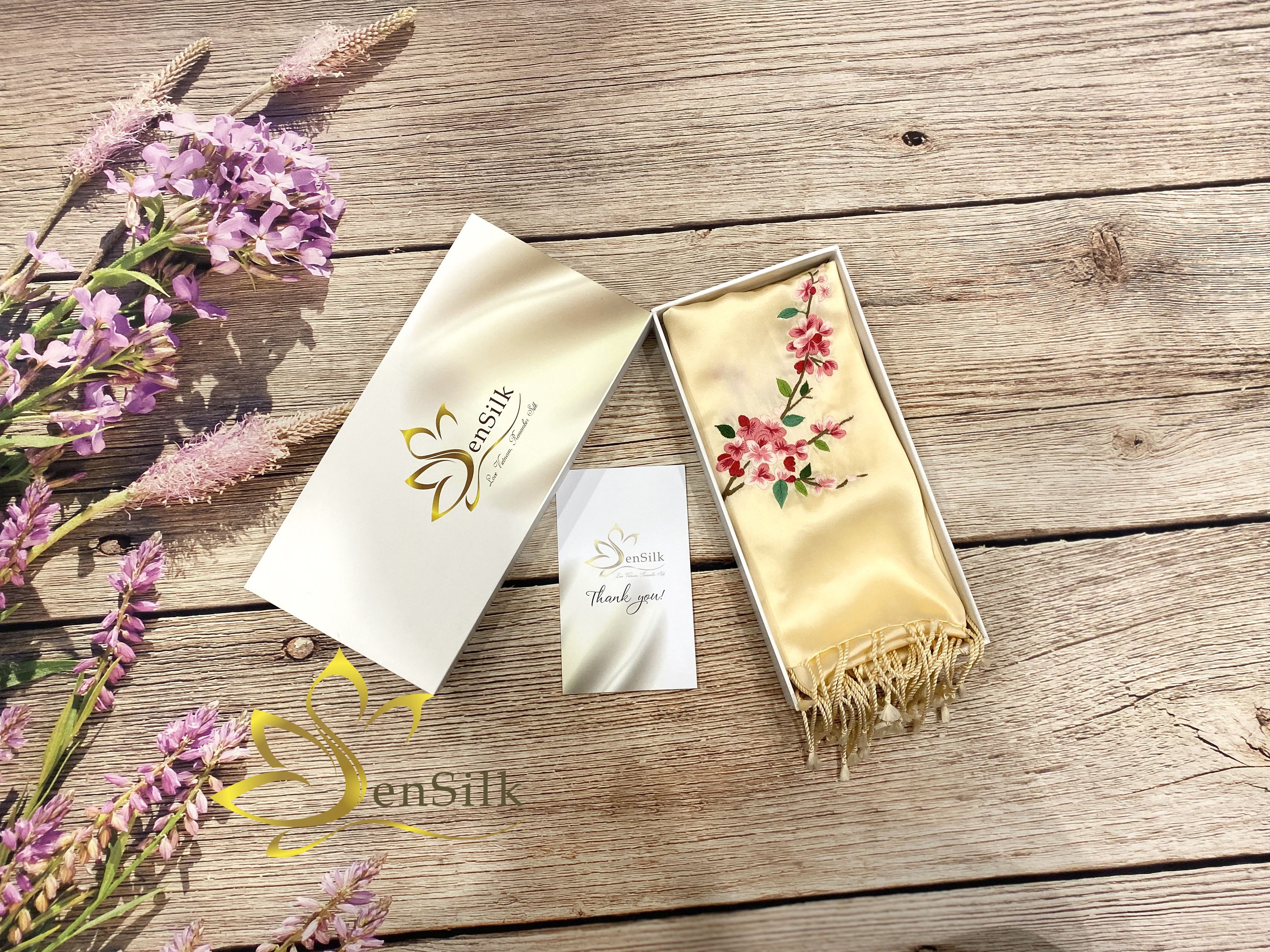 SenSilk Hand Embroidery Silk 200x55cm - Khăn Lụa Thêu Tay Thời Trang Hoa Đào, Lụa Việt Thêu Thủ Công, Tơ Lụa Việt Nam
