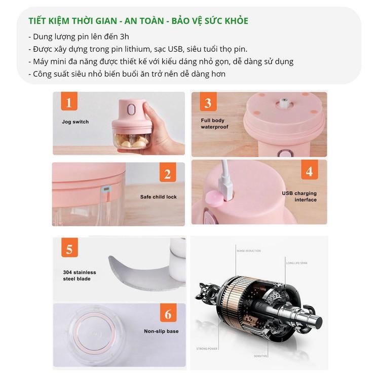 Máy Xay Đa Năng Thực Phẩm Nguồn Pin Sạc (1 máy 2 cối 100ml+250ml)