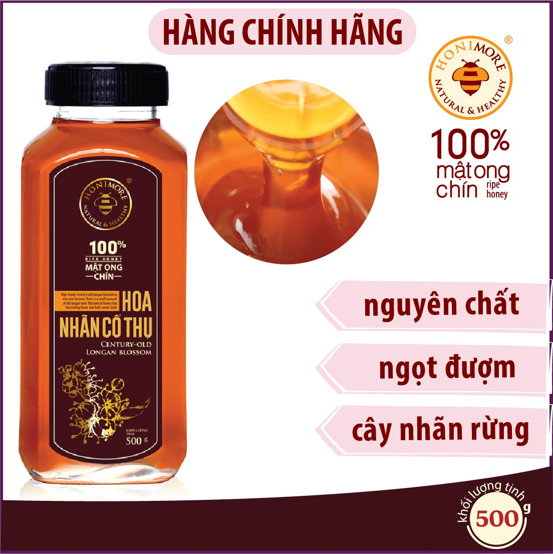 Combo 2 chai mật ong chín Honimore Nhãn cổ thụ 500g - TẶNG 2 chai mật ong Hoa Yên bạch 500g