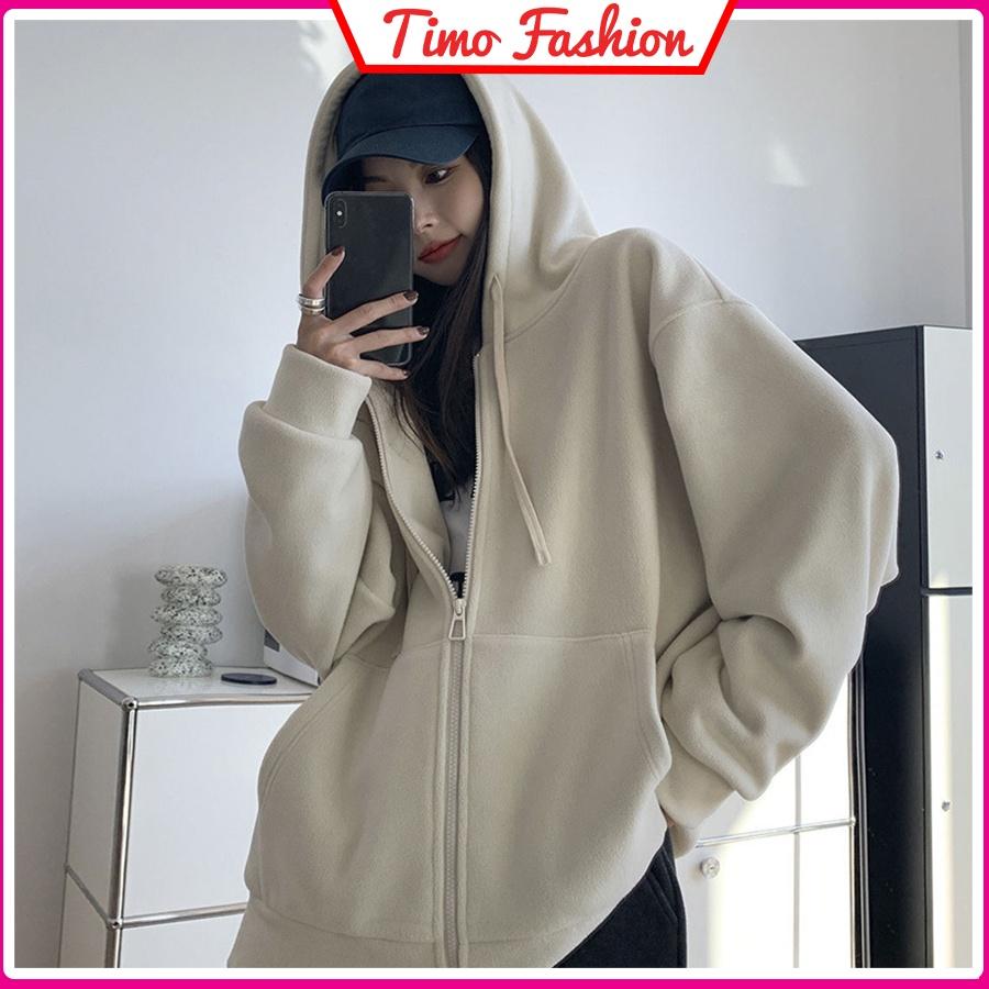 Áo khoác Hoodie zip nữ form rộng, Áo khoác nỉ nữ trơn basic dễ phối đồ, chất nỉ dày dặn style Hàn Quốc unisex, AO019