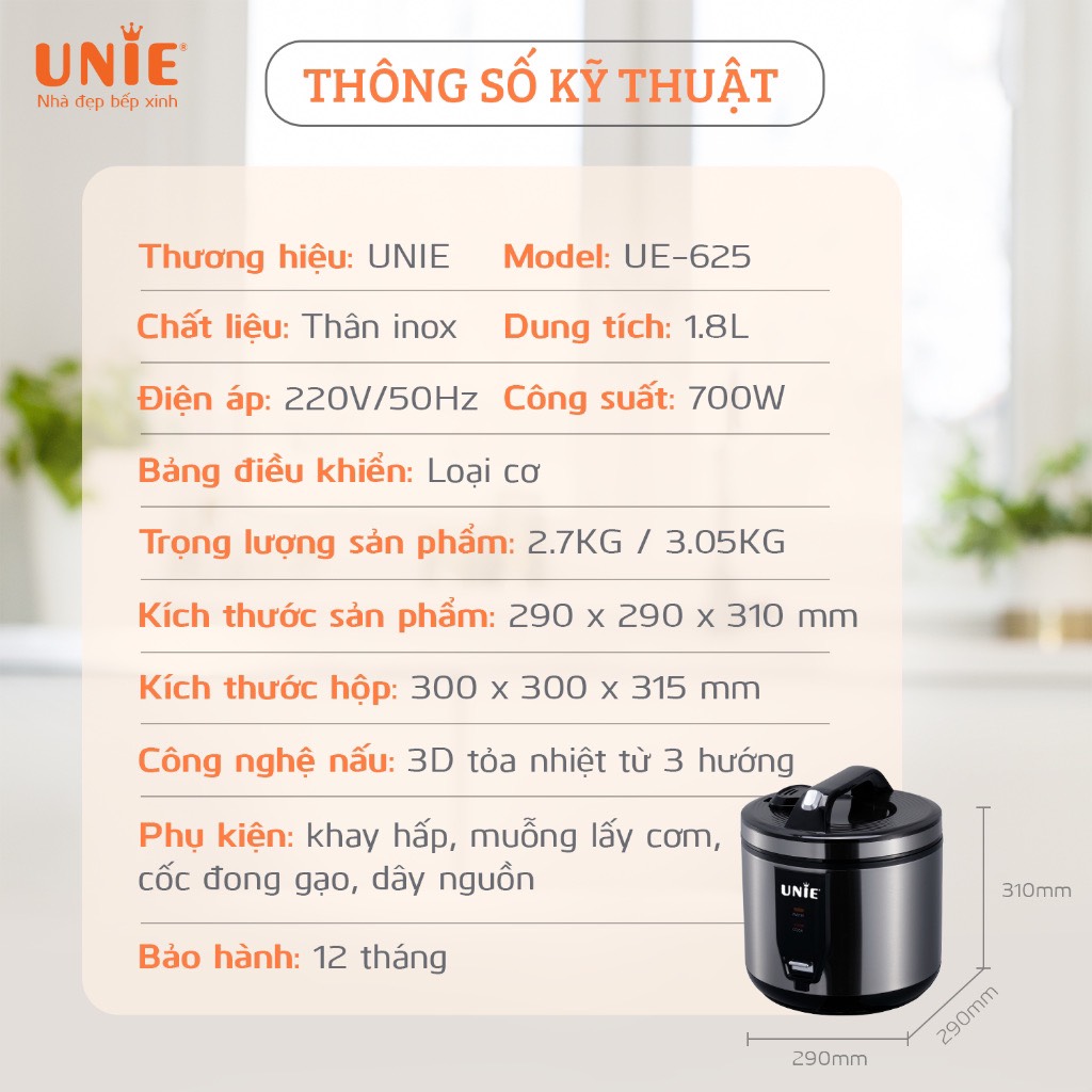 Nồi Cơm Điện 1.8Lit UNIE UE625, Lòng Niêu 5 Lớp Siêu Dày, Nấu 3D Công Suất 700w, Hàng Chính Hãng