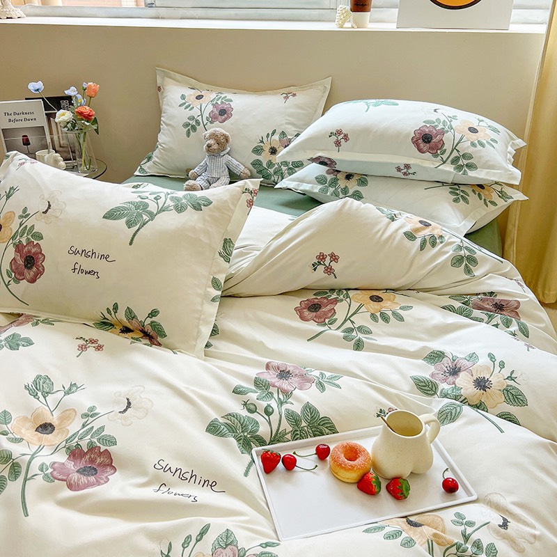 Bộ 4 món ga gối và vỏ chăn Cotton Poly Nhập Khẩu mẫu Hoa mười giờ
