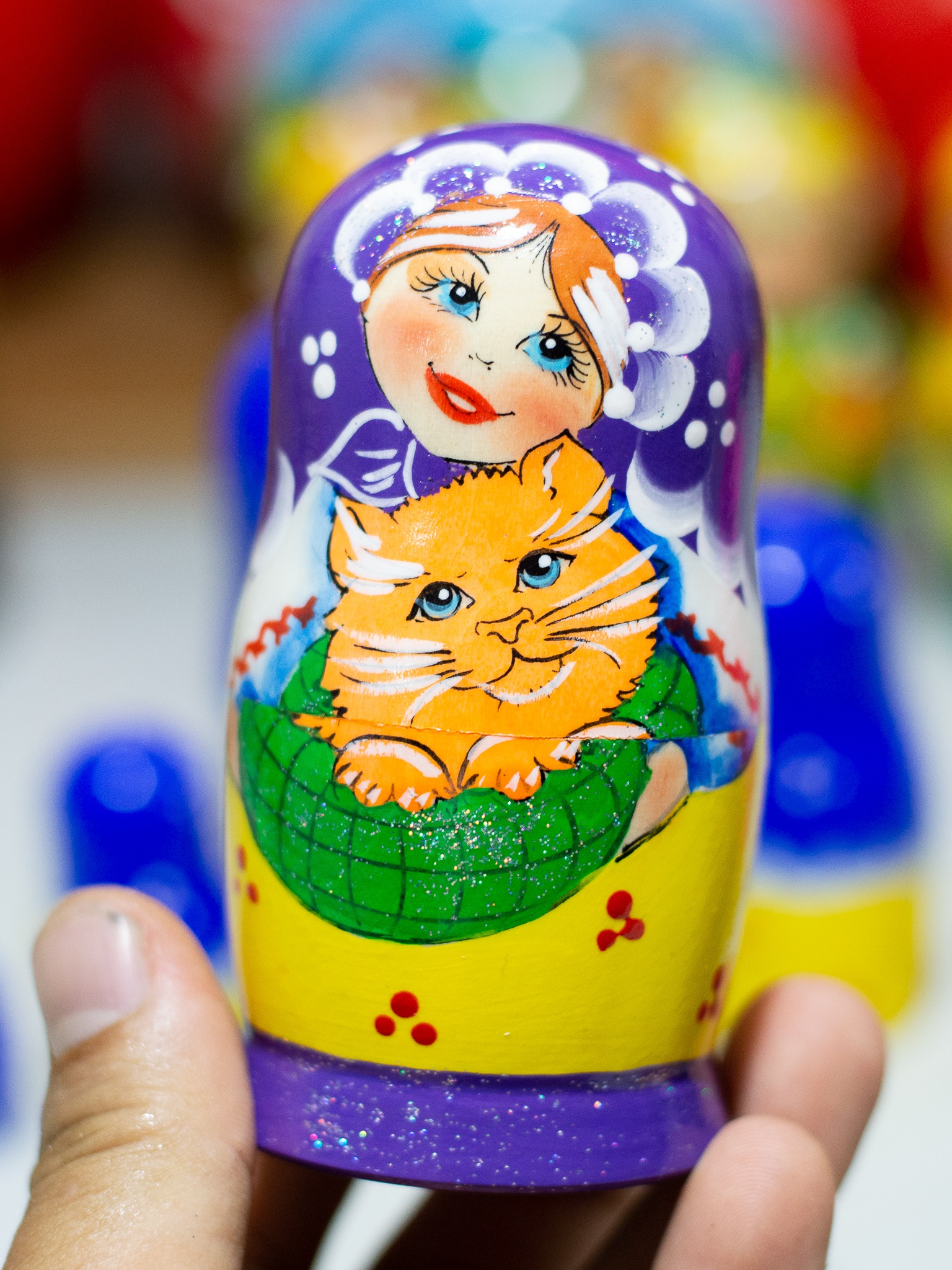 BỘ BÚP BÊ NGA MATRYOSHKA 5 LỚP SIZE 12CM HOA VĂN &quot;MISA ÔM MÈO&quot; NHIỀU MÀU