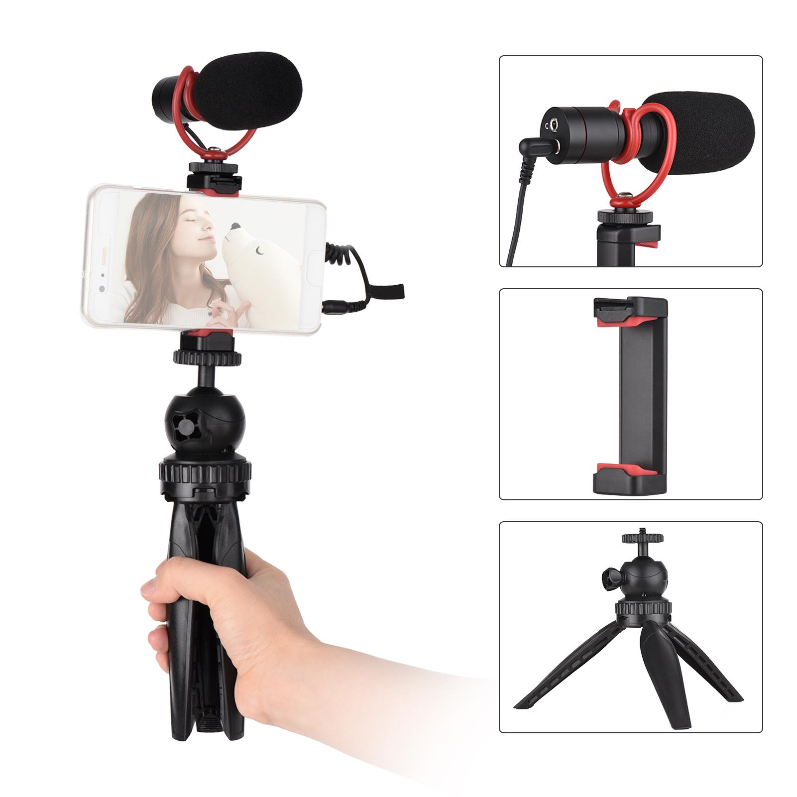 Smartphone Video Kit Phone Vlog Kit with Desktop Tripod+Phone Holder+Supercardioid Condenser Microphone with Shock Mount