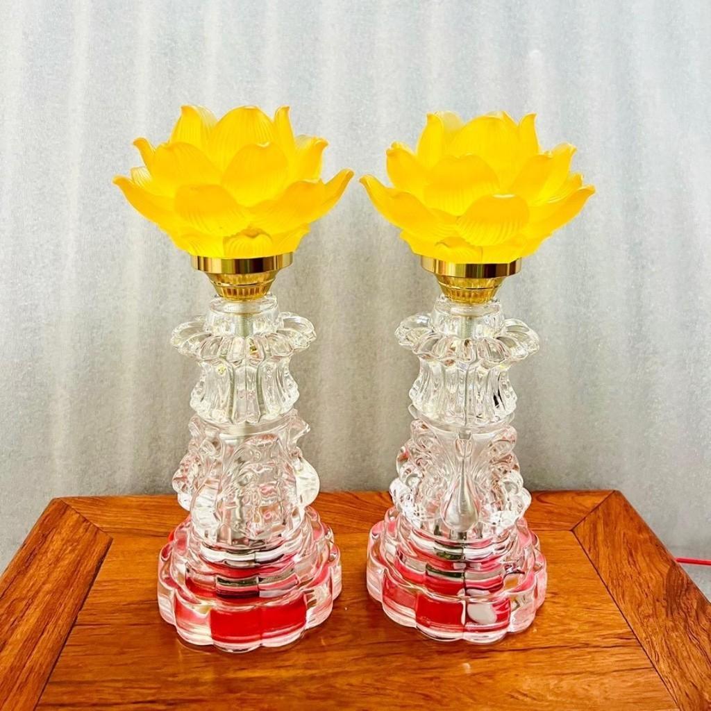 Đèn thờ hoa sen RỒNG VIỆT, Đèn thờ thân thuỷ tinh ánh sáng vàng cao cấp