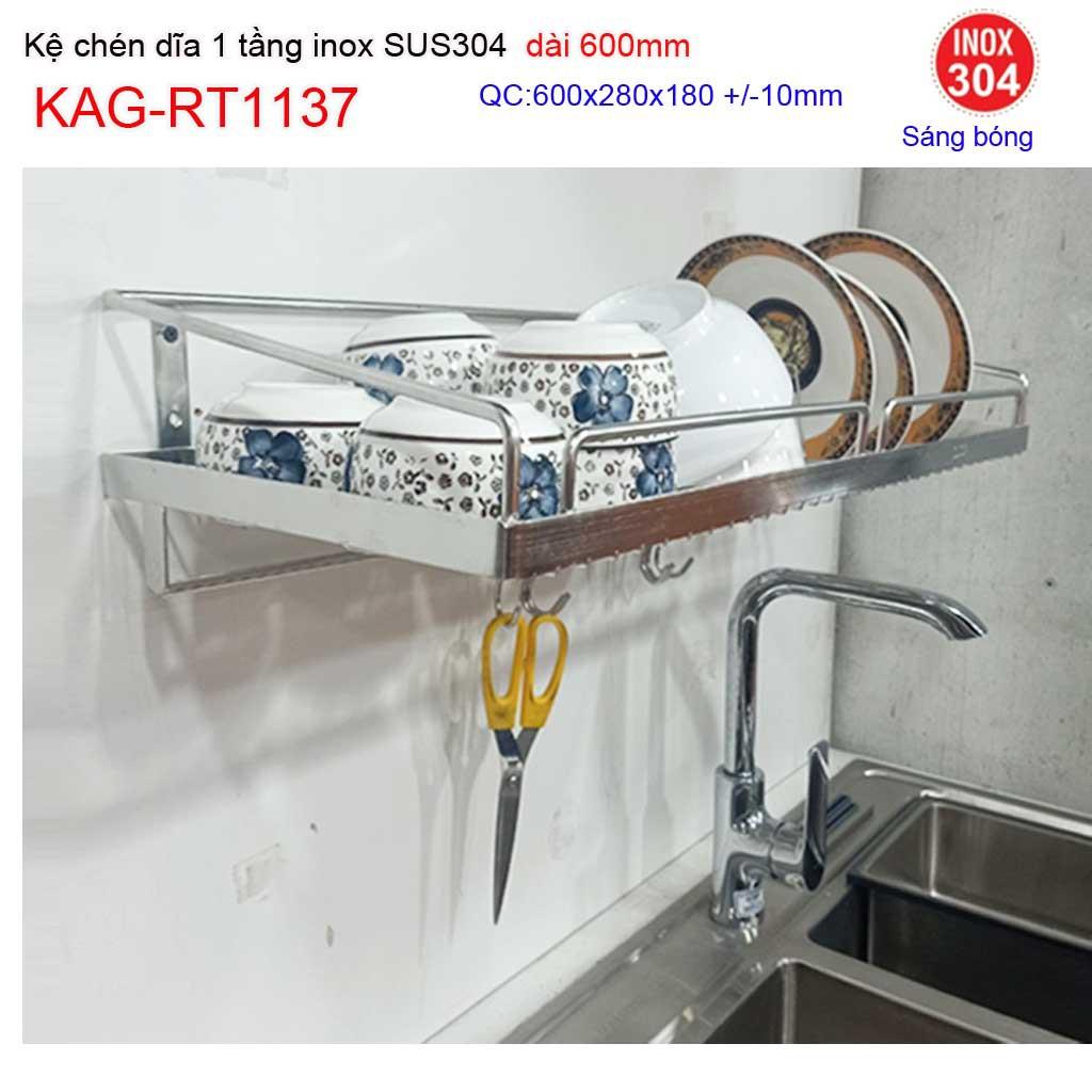 Kệ đựng chén bát inox SUS304, kệ úp chén dĩa 1 tầng dài 60cm inox KAG-RT1137