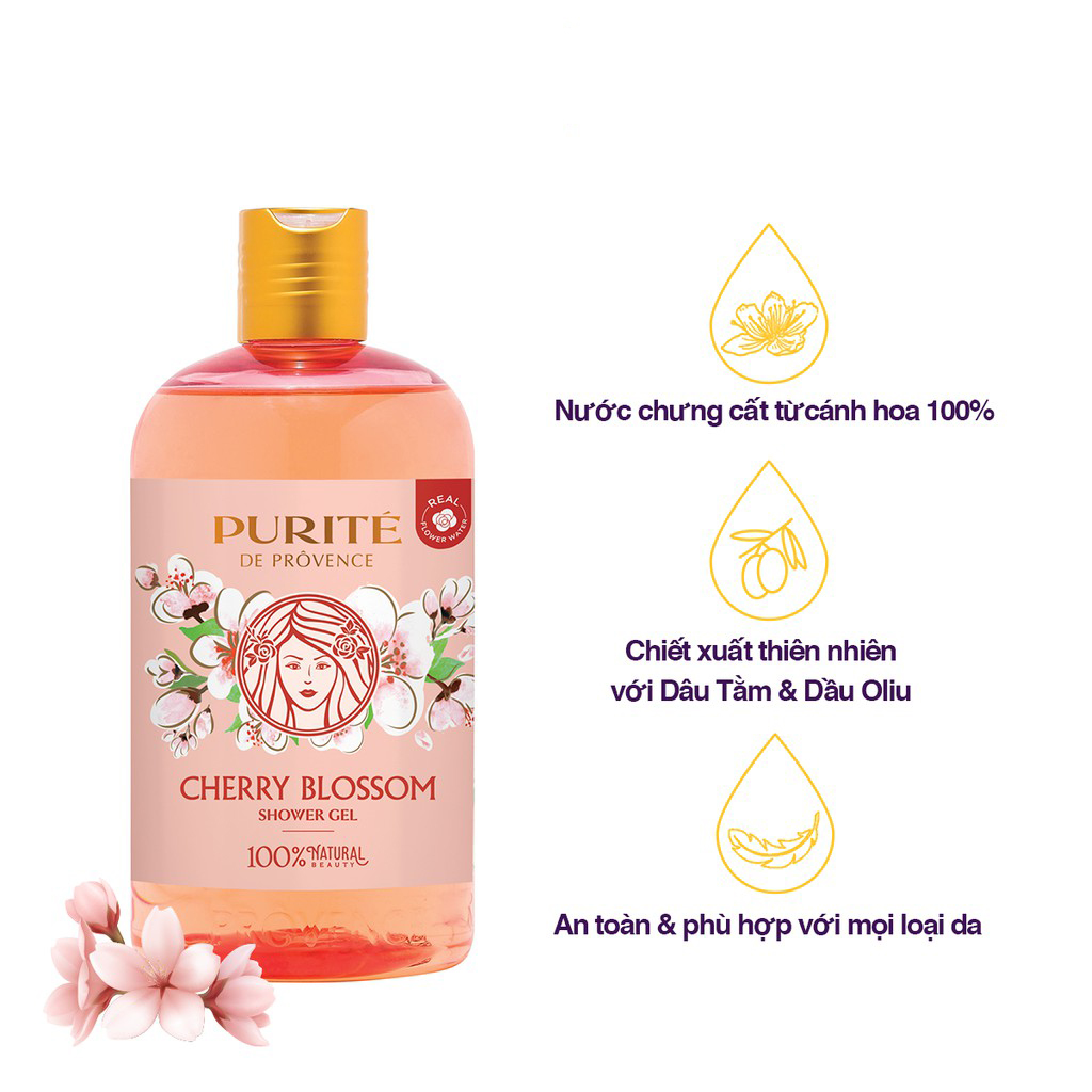 Combo Tắm Gội và Dưỡng da Purite De Provence Hoa Anh Đào và Hoa Hồng
