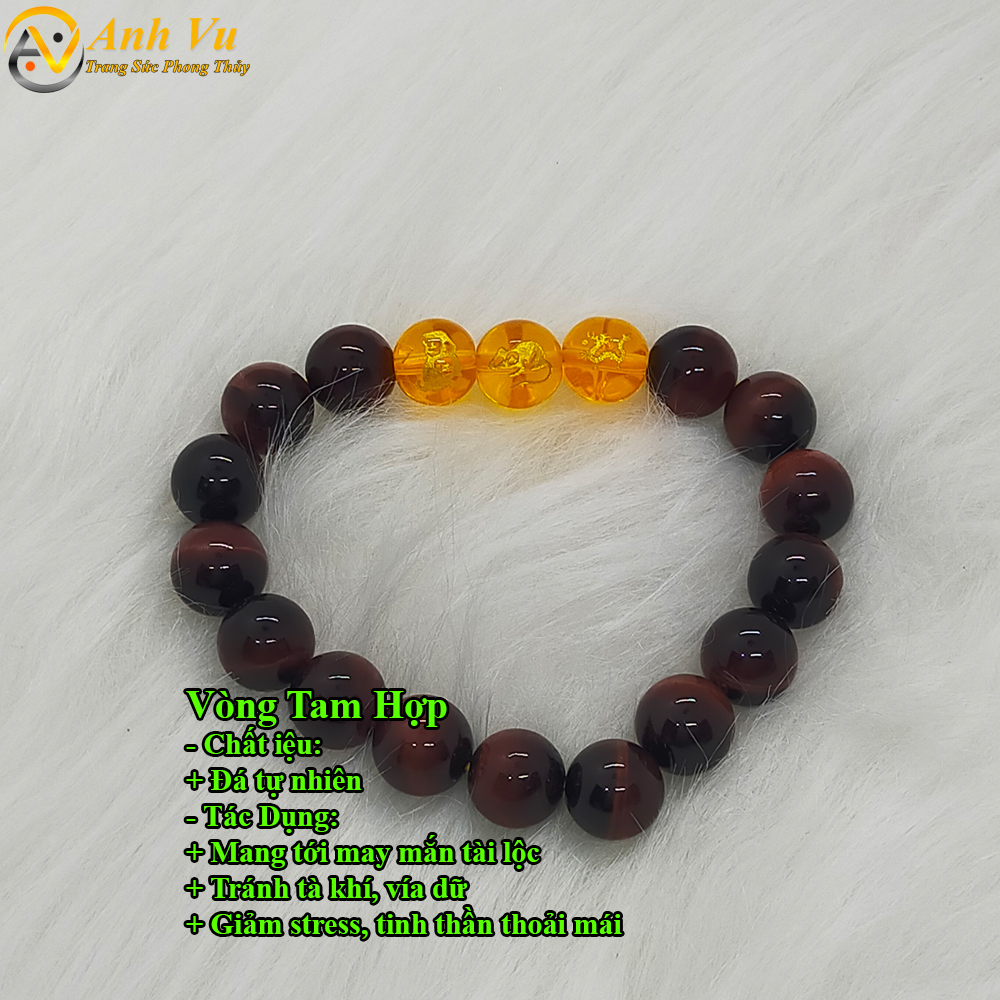 Vòng tay đá mắt hổ đỏ nâu tự nhiên - Vòng tam hợp quý nhân thân tý thìn - May mắn tài lộc