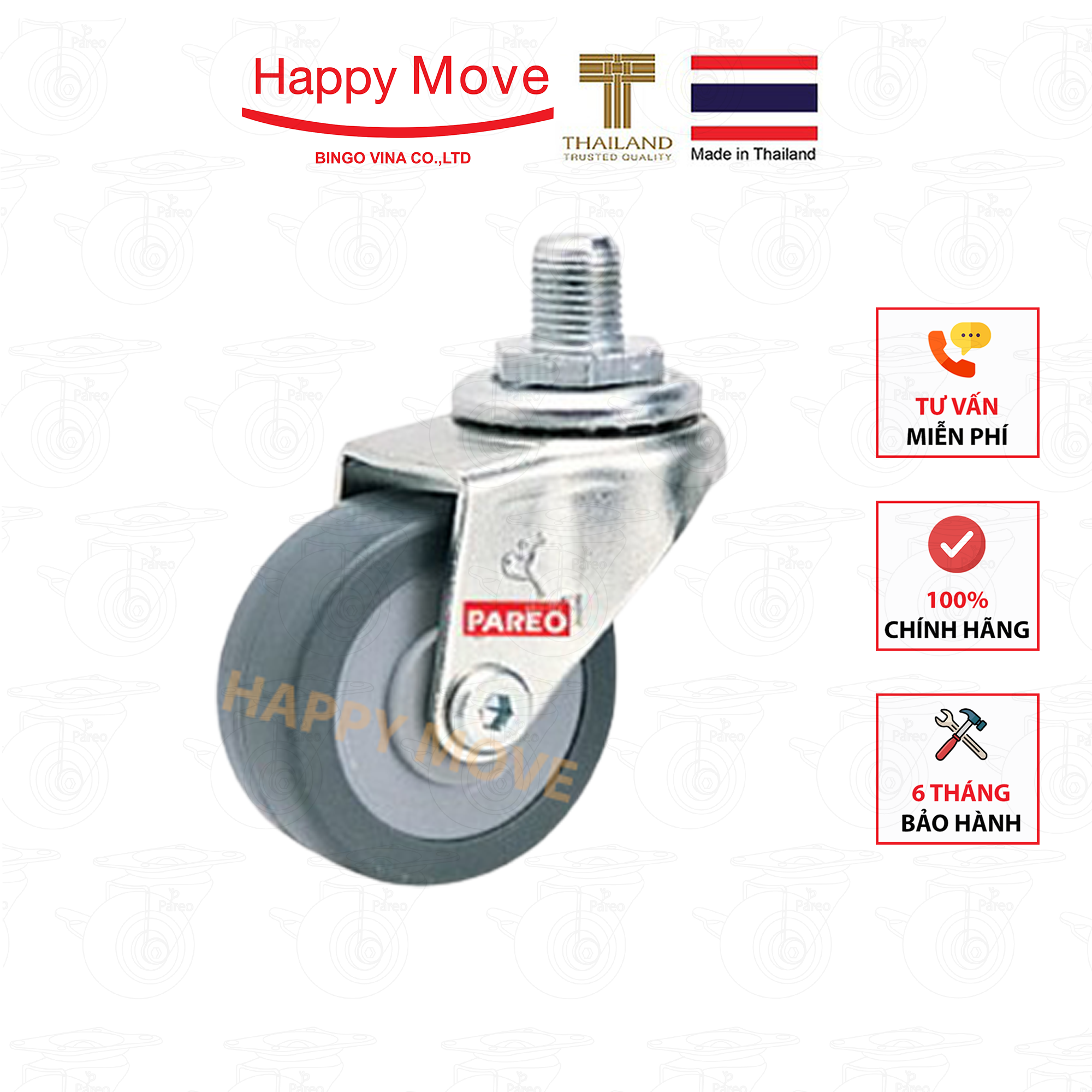 Bánh xe đẩy cao su tổng hợp xám tải nhẹ cọc vít xoay 360 độ - 50-65-75mm - Happy Move Thái Lan