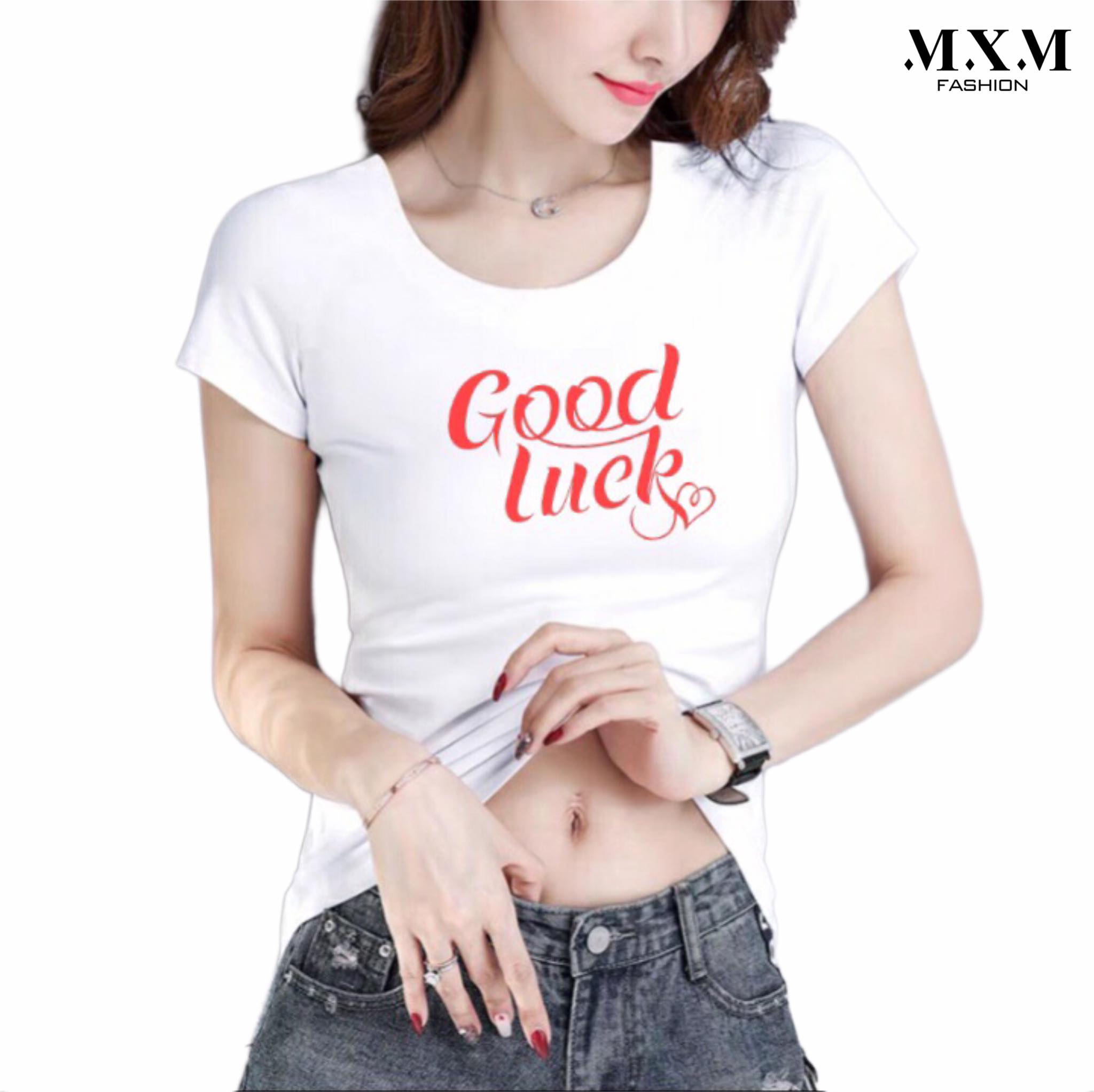Áo thun nữ MXM in chữ Good Luck thun cotton 4 chiều form ôm body ( ANU022 )