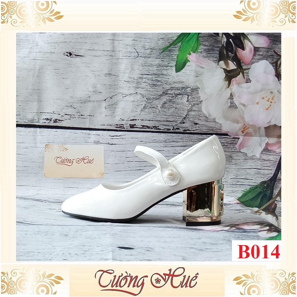 Giày Búp Bê Da Bóng Mũi Vuông Quai Ngang Đính Ngọc Trai Gót Cao 6CM