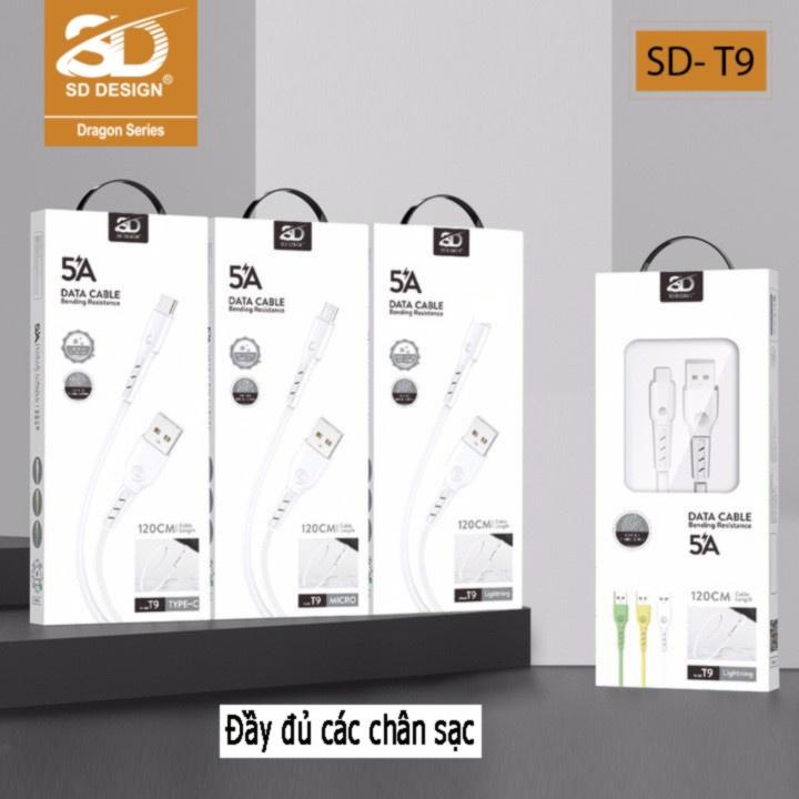 Cáp sạc 5A SD DESIGN T9 giúp sạc nhanh đầy đủ các chân sạc cho các dòng điện thoại, bảo hành 1 đổi 1