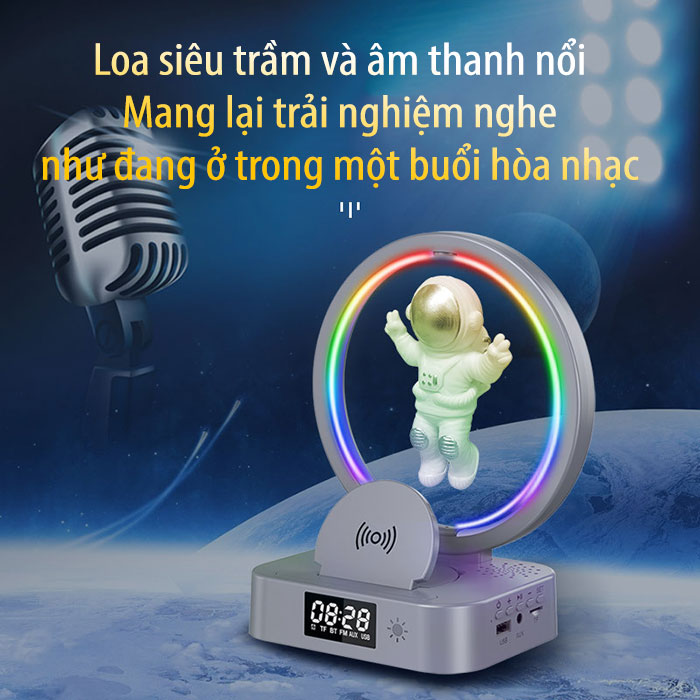 Loa Bluetooth 5.0 Y558  kèm Giá Đỡ Điện Thoại Phi Hành Gia Bay Có Đèn LED cảm biến theo nhạc Hỗ trợ Thẻ Nhớ , Đồng Hồ, Sạc Không Dây Cho Điện Thoại Decor Trang trí căn phòng