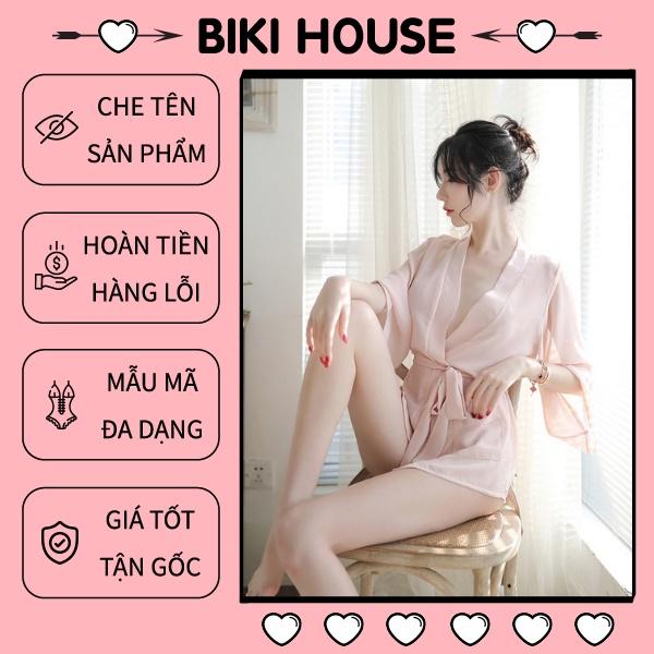 Áo choàng ngủ sexy voan mỏng phối ren cao cấp set ngủ nữ tay dài kèm chip đen nude gợi cảm BIKI HOUSE N132 - Hỏa Tốc
