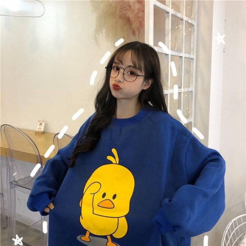 Women Long Sleeve Cartoon Print Loose Round Collar Sweater