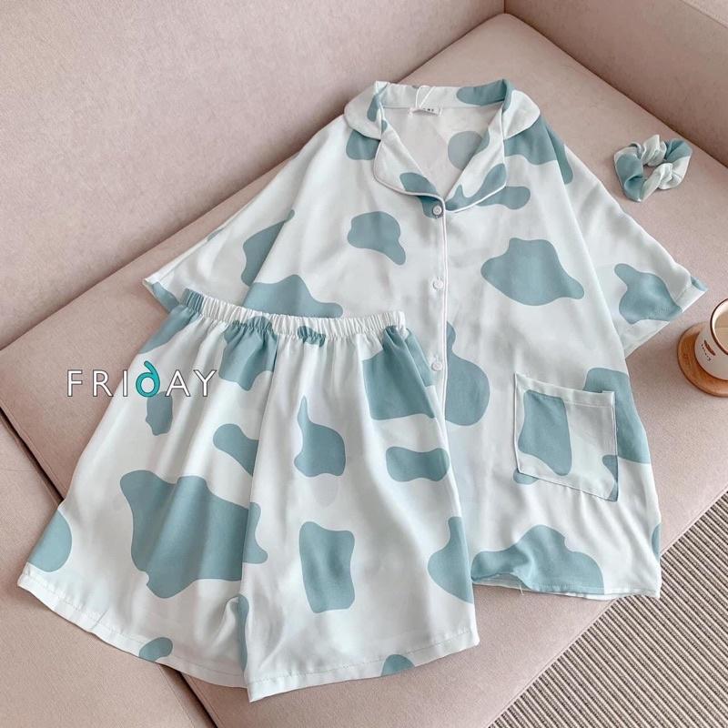 Bộ ngủ Pyjama cộc tay nữ&lt;FREE SIZE&gt;kèm dây buộc tóc ,Bộ Pyjama cộc tay hình cao cấp,bộ ngủ nữ(kèm video ảnh thật)