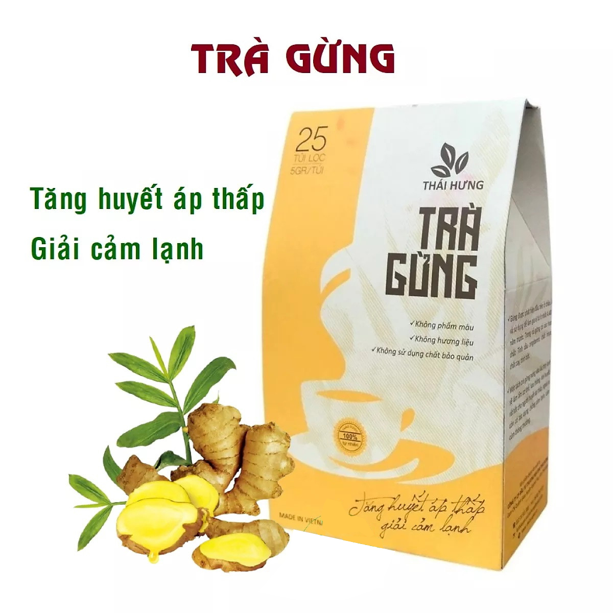 Trà Gừng Thái Hưng 25 túi lọc x 5g - Giải cảm lạnh, tăng huyết áp thấp, tăng cường tuần hoàn máu, giữ ấm