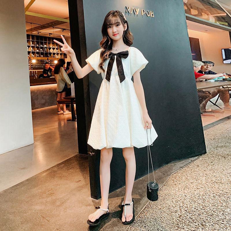 DONGSHOP HOT Cô gái bong bóng nước ngoài tay áo đầm mùa hè 2023 Hàn Quốc trẻ em Bowknot váy công chúa váy mùa hè