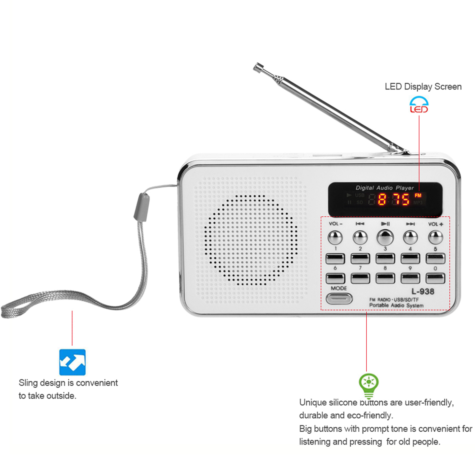 Loa Âm Thanh Nổi Kỹ Thuật Số 3W L-938 Đài FM Mini Chất Lượng Âm Thanh Trung Thực Cao Với Màn Hình 1,5 Inch