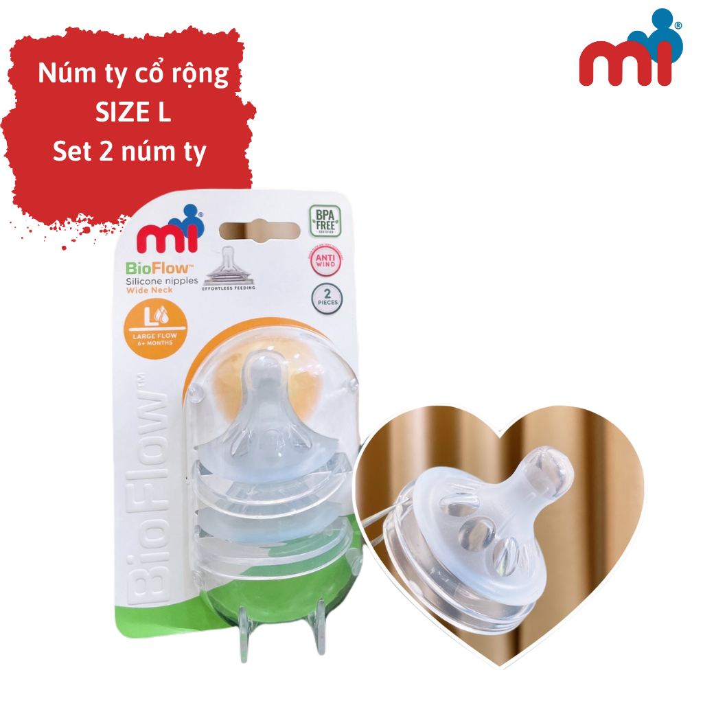 Núm ty cổ rộng Mi BIO FLOW Size L (vỉ 2 chiếc) - ( 6 tháng trở lên) Nhập khẩu Thái Lan