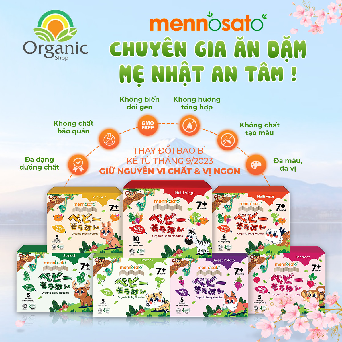 MÌ ăn dặm hữu cơ cho bé vị cải bó xôi Spinach 200g Men No Sato