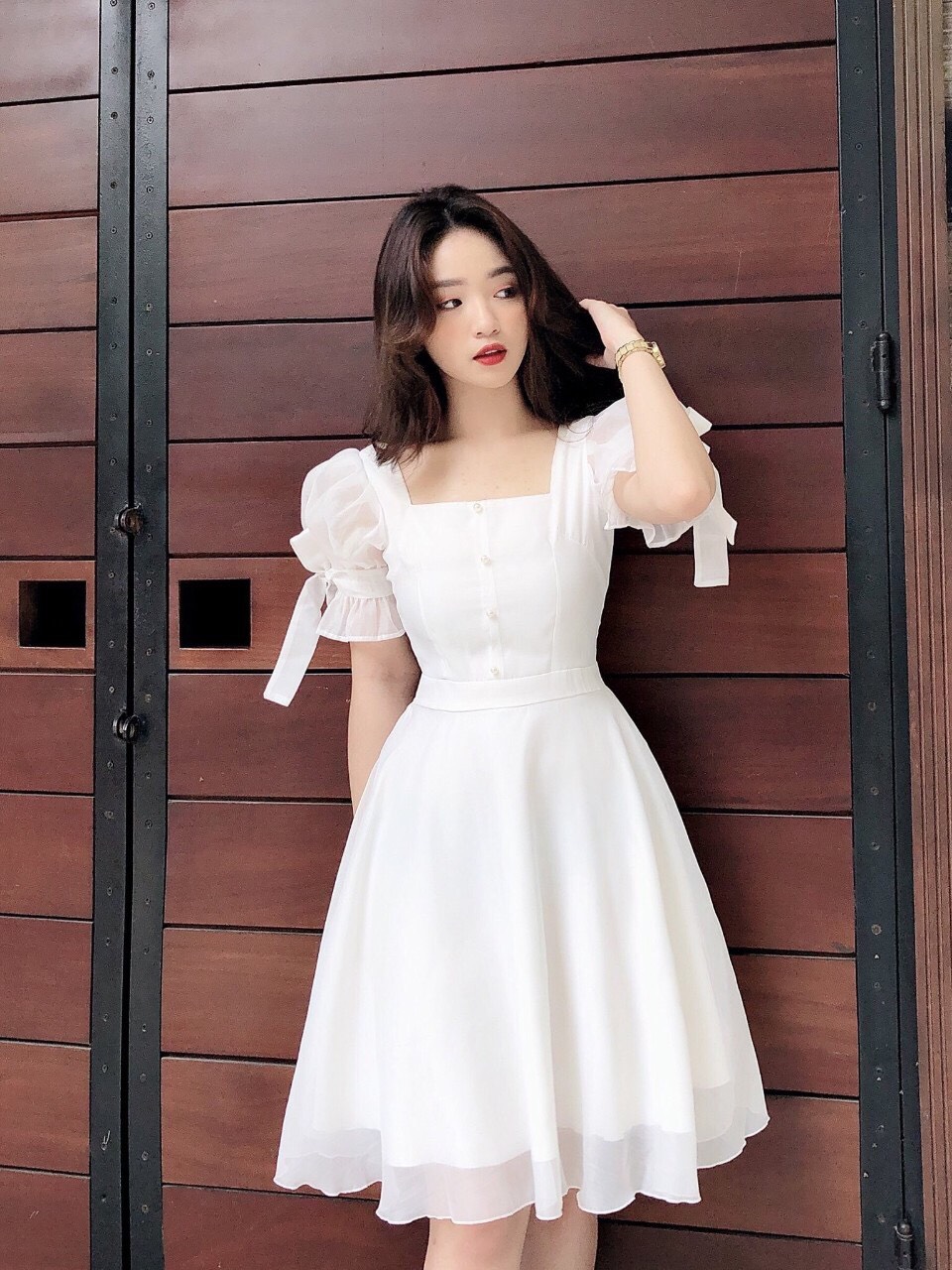 Váy dự tiệc TANA D0334 váy trắng dáng A cổ vuông tay cột nơ mặc đi tiệc, kỉ yếu